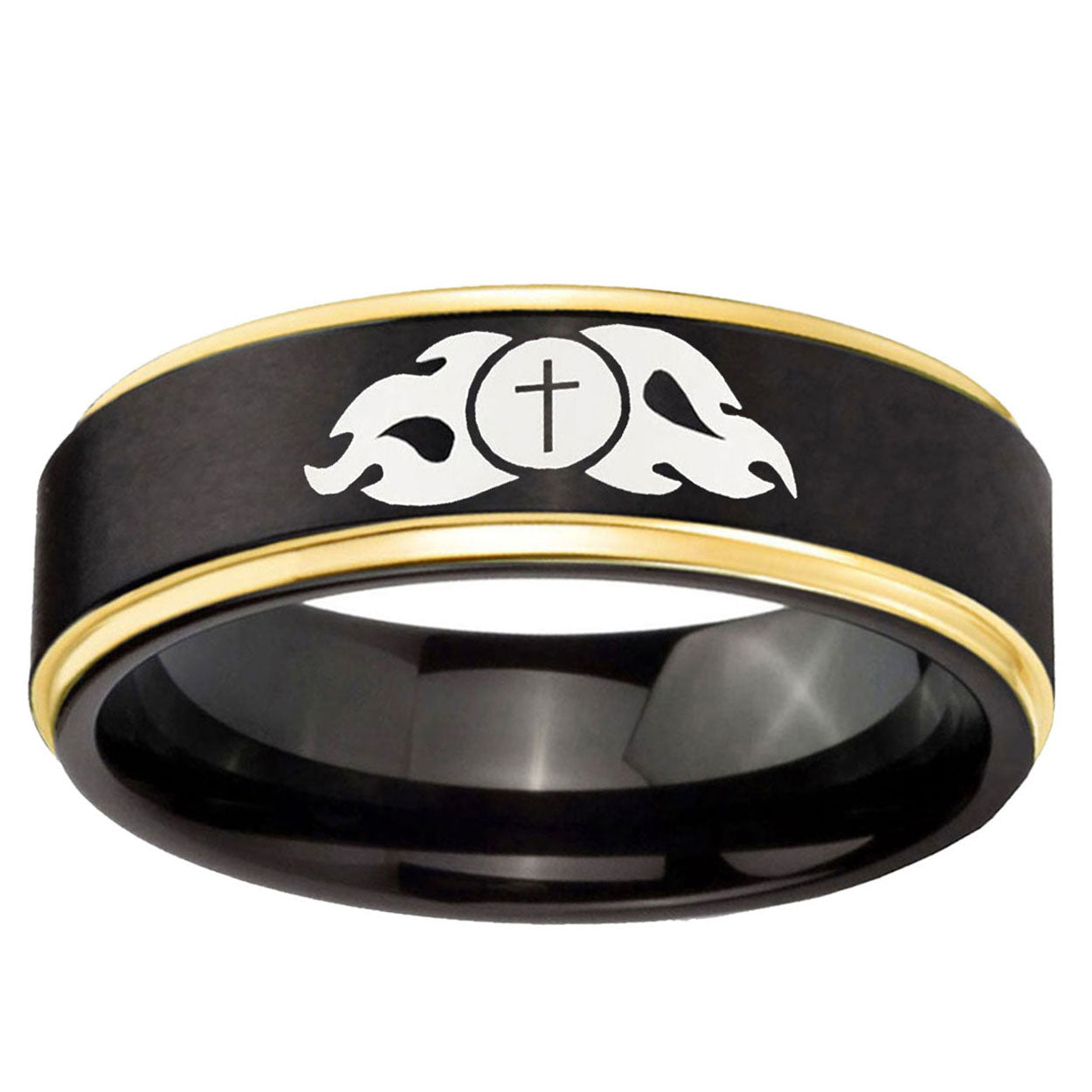 6mm Flamed Cross Gold Step Edge Black Tungsten Promise Ring