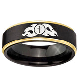 6mm Flamed Cross Gold Step Edge Black Tungsten Carbide Promise Ring