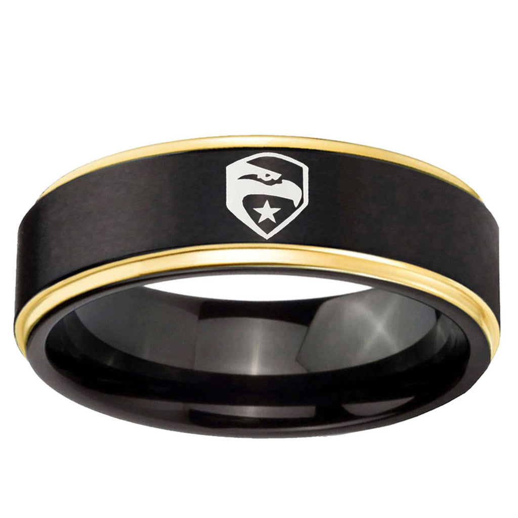6mm GI Joe Eagle Gold Step Edge Black Tungsten Ring for Men