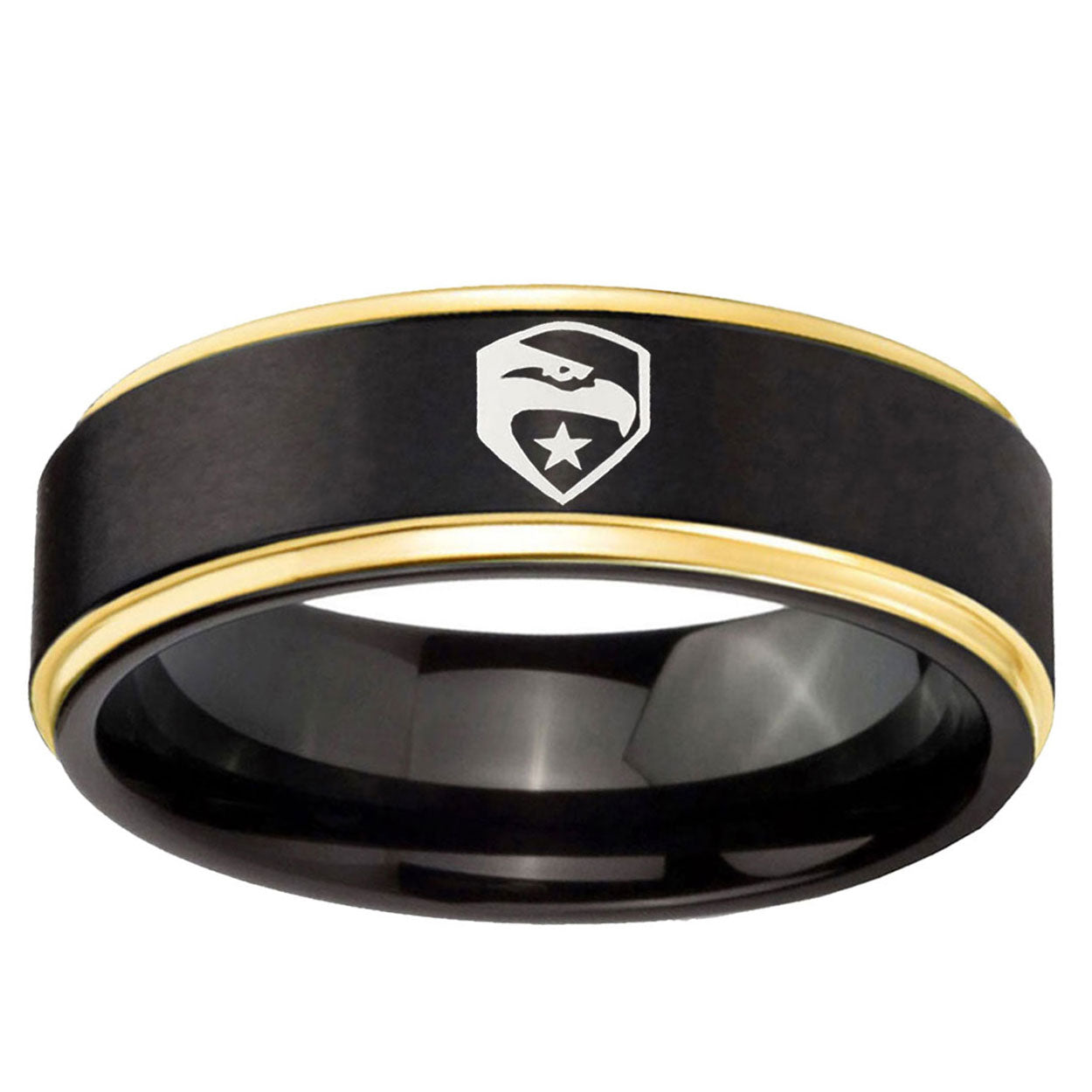 6mm GI Joe Eagle Gold Step Edge Black Tungsten Ring for Men