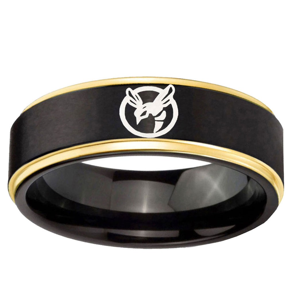 6mm Honey Bee Gold Step Edge Black Tungsten Wedding Band