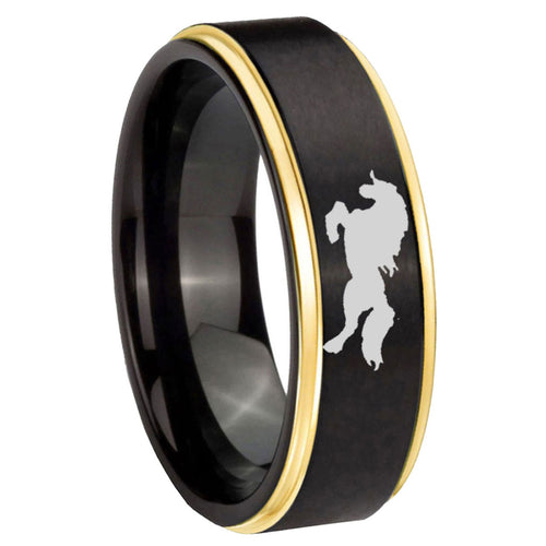 8mm Horse Gold Step Edge Black Tungsten Wedding Bands Ring