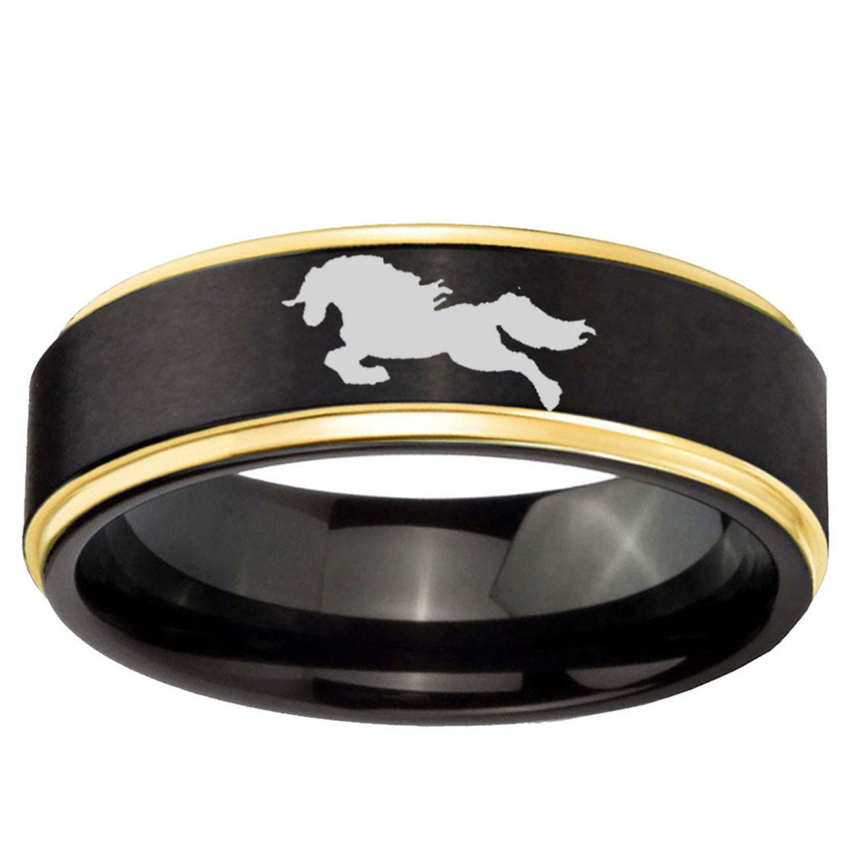 6mm Horse Gold Step Edge Black Tungsten Wedding Bands Ring
