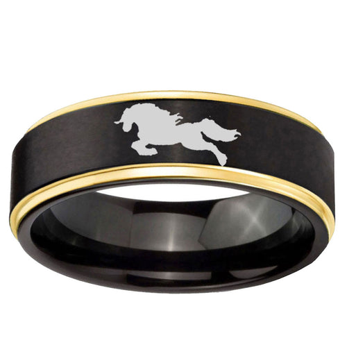6mm Horse Gold Step Edge Black Tungsten Wedding Bands Ring