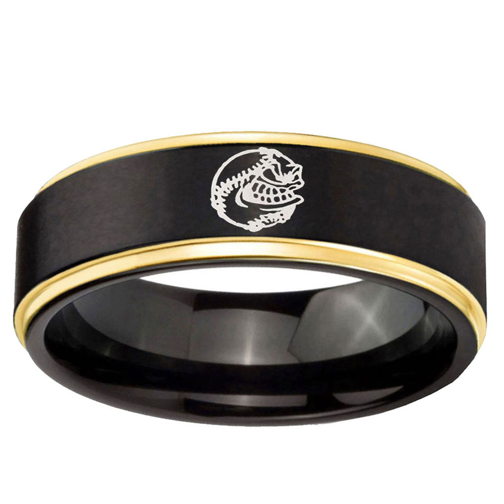 6mm Angry Baseball Gold Step Edge Black Tungsten Ring
