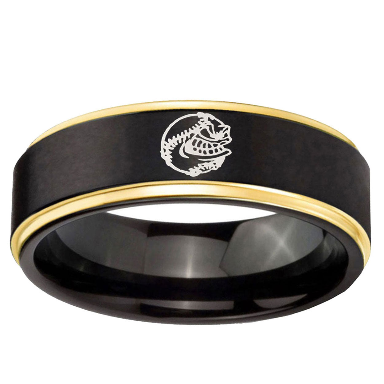 6mm Angry Baseball Gold Step Edge Black Tungsten Ring