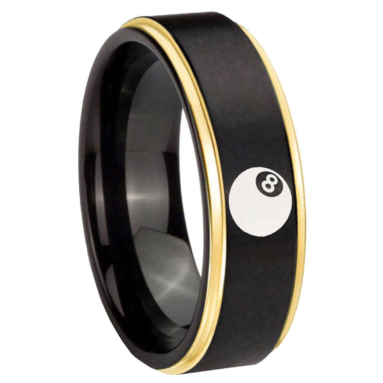 8mm 8 Ball Gold Step Edge Black Tungsten Engraved Ring