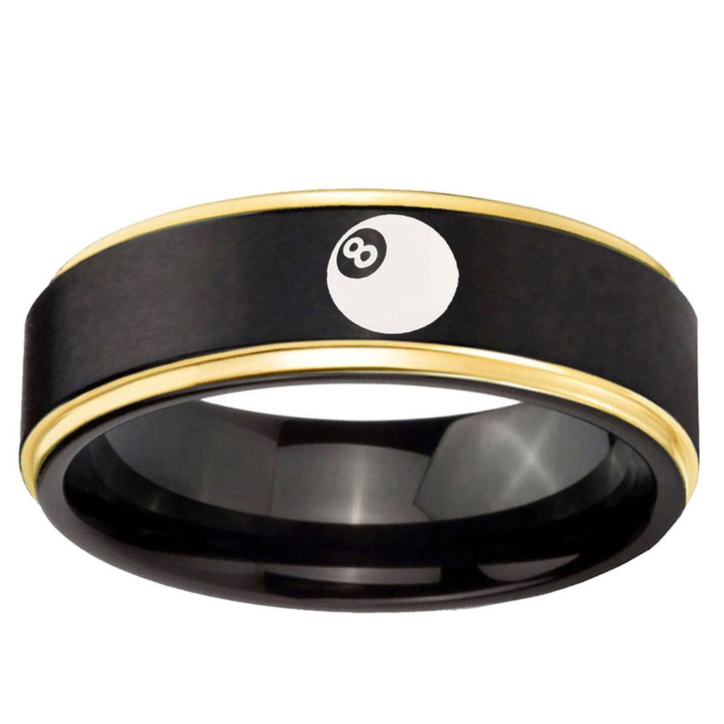6mm 8 Ball Gold Step Edge Black Tungsten Engraved Ring