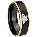 6, 8mm Claddagh Design Gold Step Edge Black Tungsten Carbide Anniversary Ring