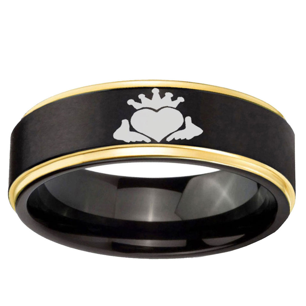6mm Claddagh Design Gold Step Edge Black Tungsten Ring
