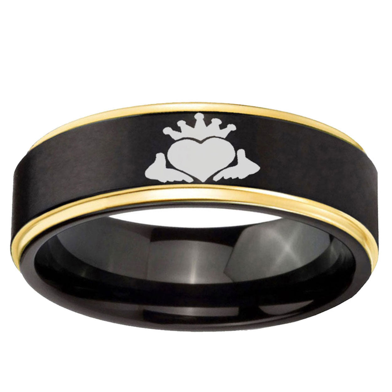 6mm Claddagh Design Gold Step Edge Black Tungsten Ring