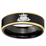 6mm Claddagh Design Gold Step Edge Black Tungsten Carbide Anniversary Ring