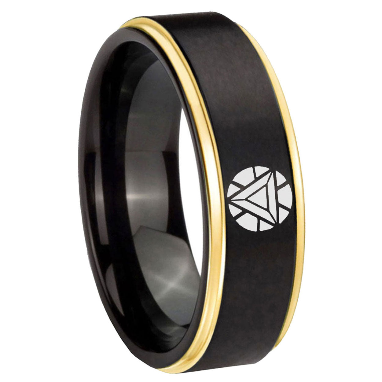 8mm Iron Man Art Reactor Gold Step Edge Black Tungsten Ring