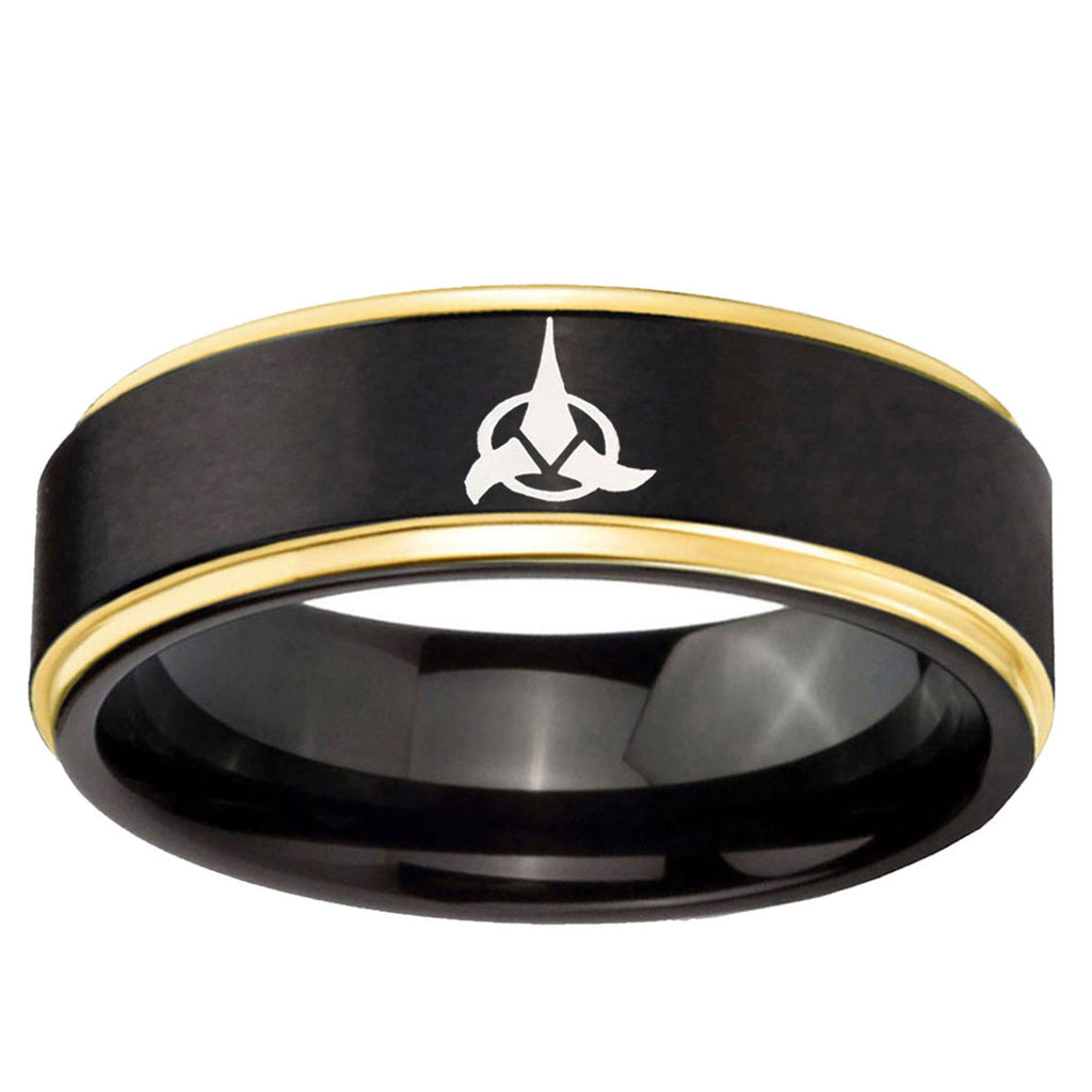 6mm Klingon Gold Step Edge Black Tungsten Engraved Ring