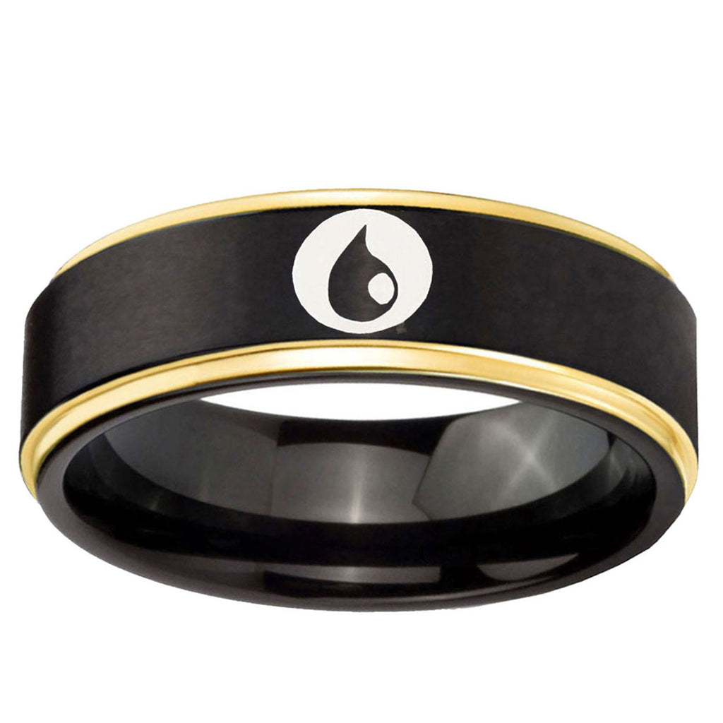 6mm Magic Gathering Gold Step Edge Black Tungsten Mens Ring