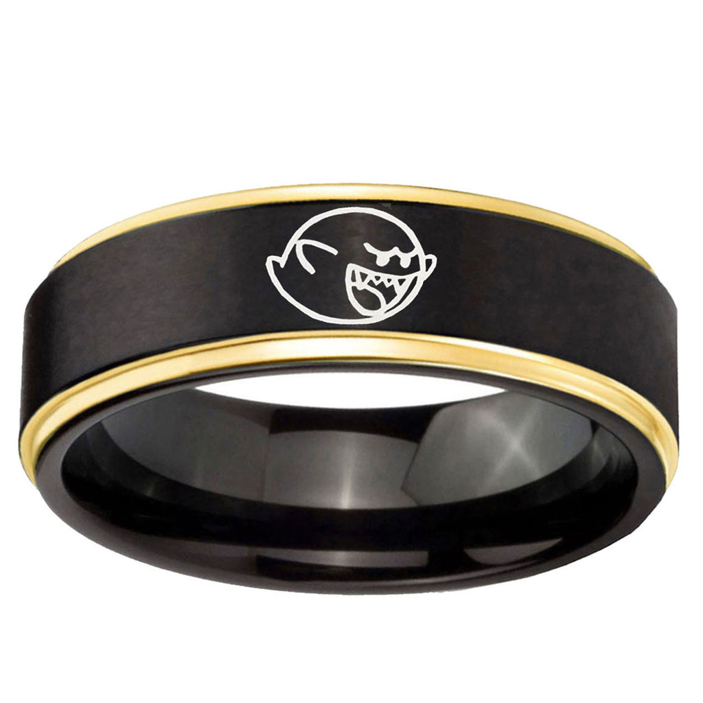 6mm Mario Boo Ghost Gold Step Edge Black Tungsten Band
