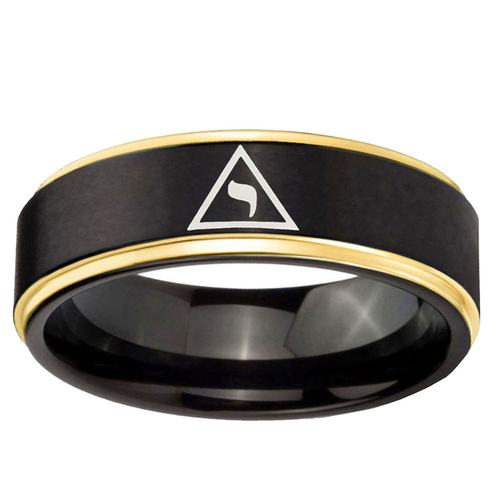6mm Masonic Yod Gold Step Edge Black Tungsten Promised Band