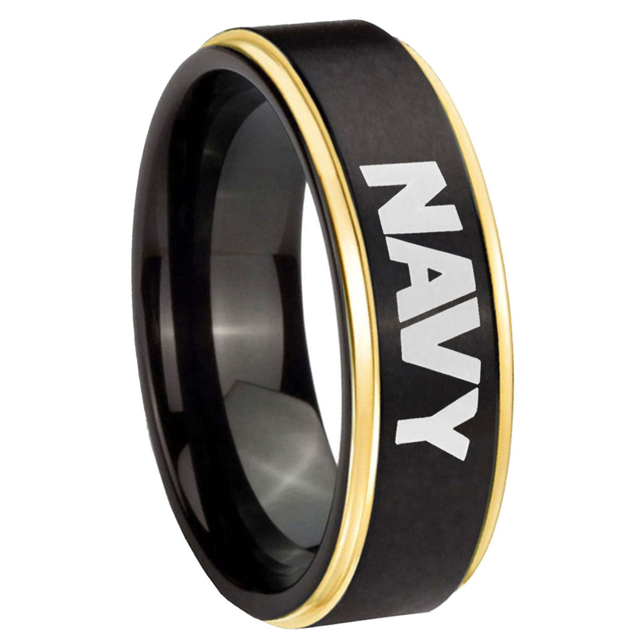 8mm Navy Gold Step Edge Black Tungsten Men's Wedding Band