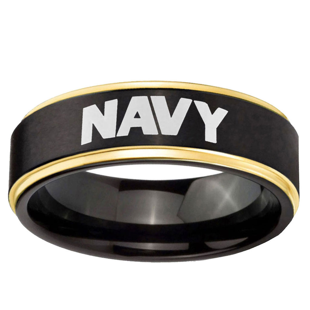 6mm Navy Gold Step Edge Black Tungsten Men's Wedding Band