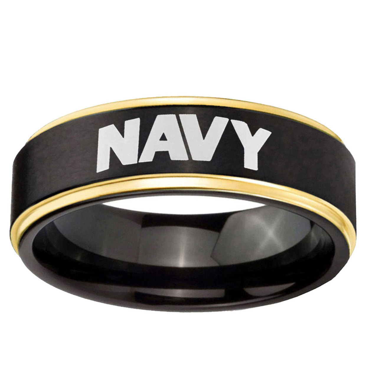 6mm Navy Gold Step Edge Black Tungsten Men's Wedding Band