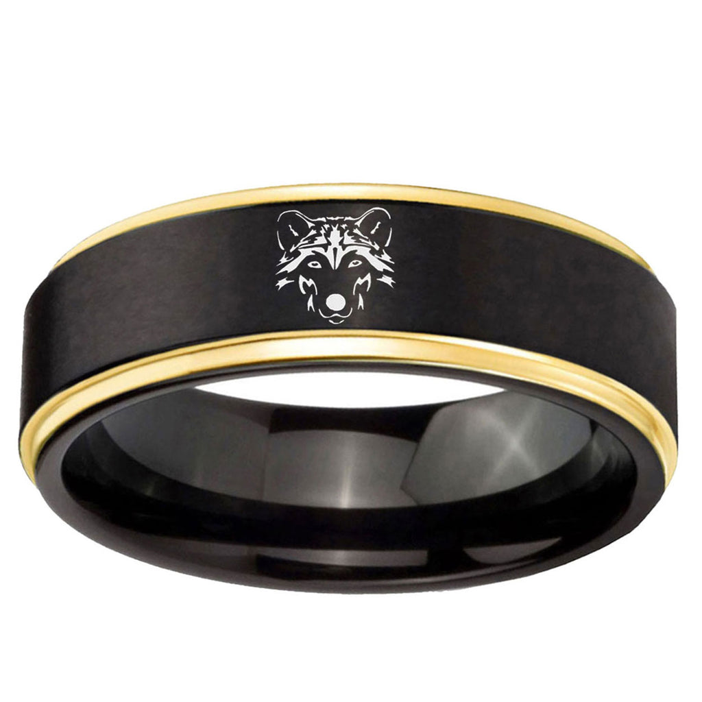 10mm Wolf Gold Step Edge Black Tungsten Carbide Wedding Ring