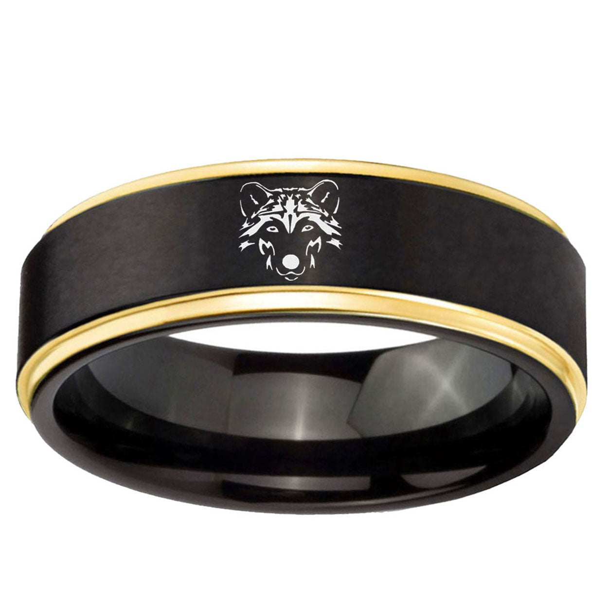 10mm Wolf Gold Step Edge Black Tungsten Carbide Wedding Ring