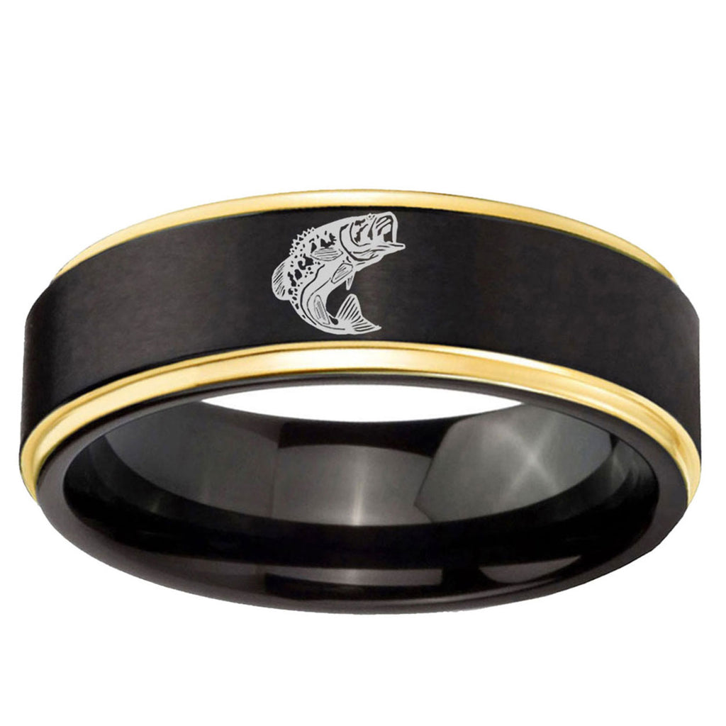 10mm Fishing Gold Step Edge Brushed Tungsten Ring