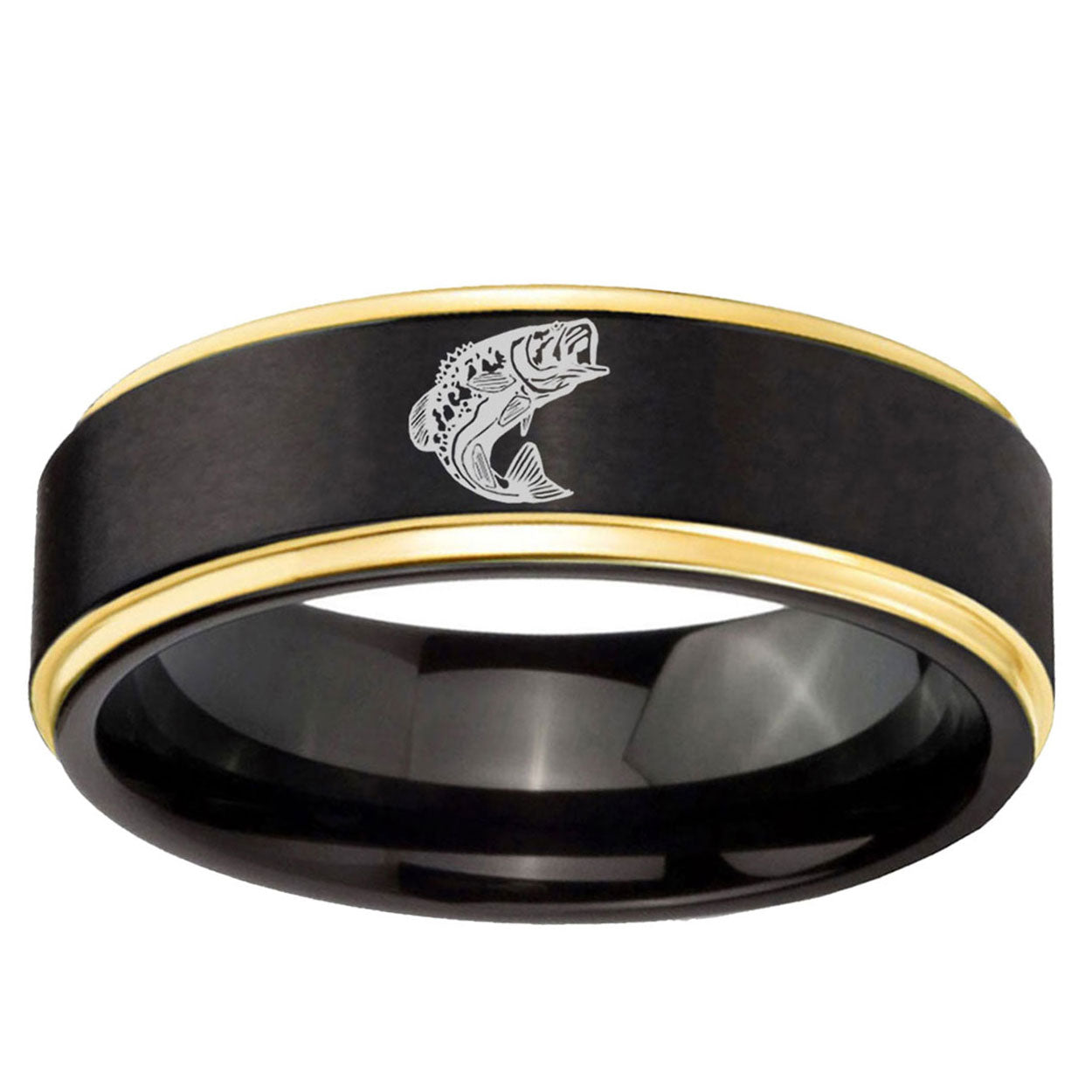 10mm Fishing Gold Step Edge Brushed Tungsten Ring