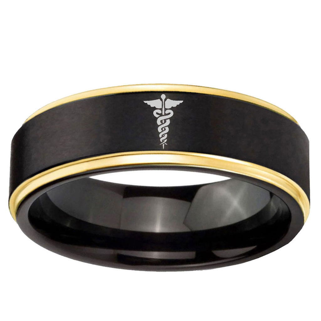 10mm Medical Symbol Gold Step Edge Brushed Tungsten Ring