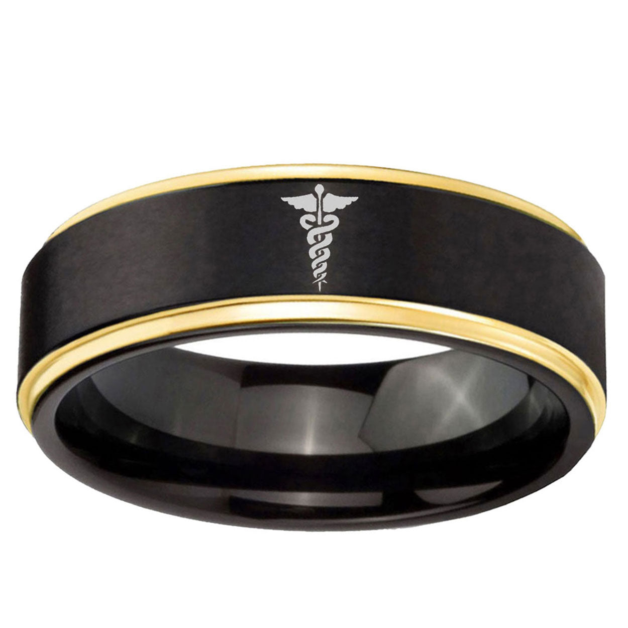 10mm Medical Symbol Gold Step Edge Brushed Tungsten Ring
