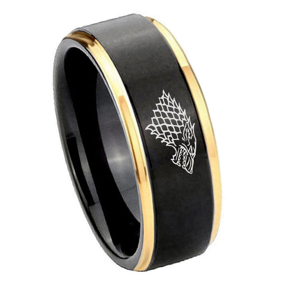 10mm-Game-Of-Thrones-House-Stark-Direwolf-Gold-Step-Edges-Brushed-Tungsten-Carbide-Mens-Promise-Ring