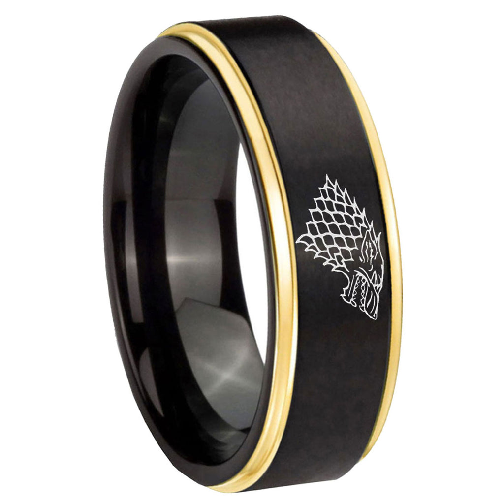 8mm Game Of Thrones House Stark Direwolf Gold Step Edge Black Tungsten Ring