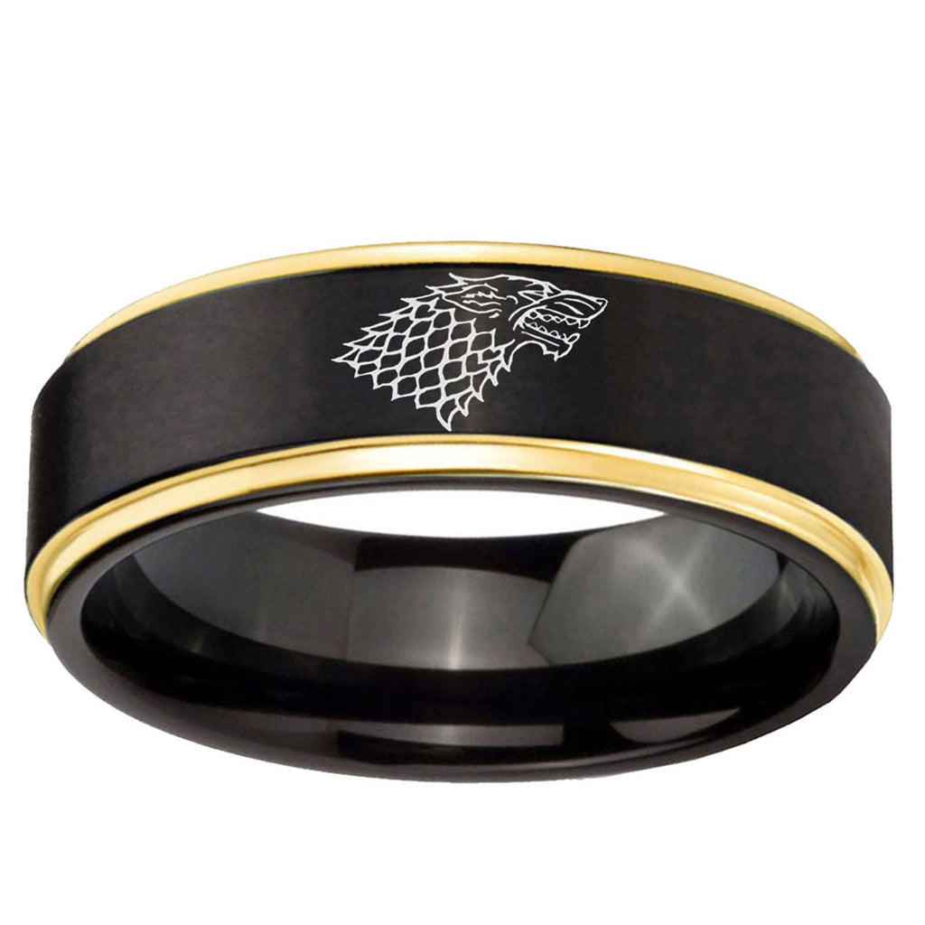 10mm Game Of Thrones House Stark Direwolf Gold Step Edge Brushed Tungsten Ring