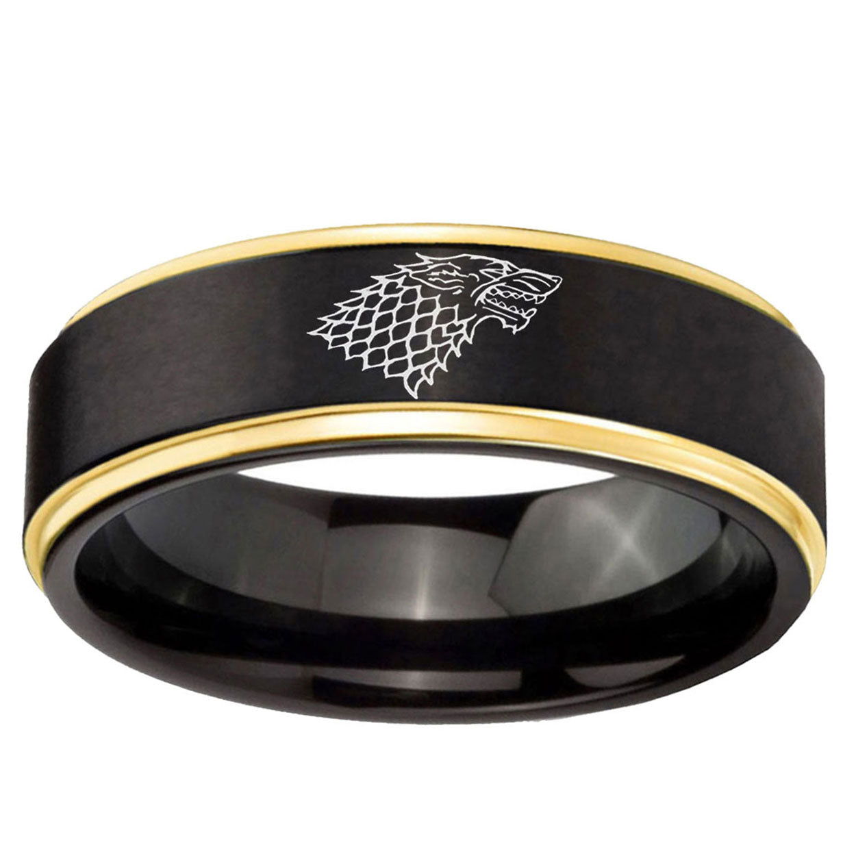 6mm Game Of Thrones House Stark Direwolf Gold Step Edge Black Tungsten Ring