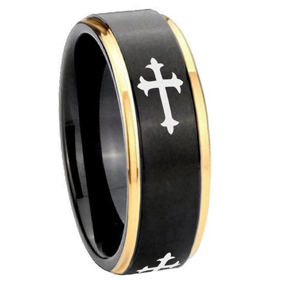 8mm-Christian-Cross-Religious-Gold-Step-Edges-Black-Tungsten-Carbide-Mens-Promise-Ring