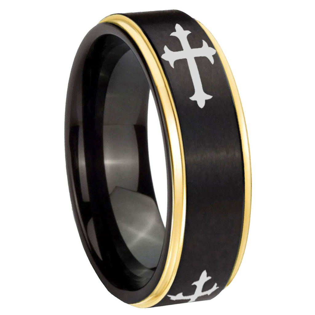 10mm Christian Cross Religious Gold Step Edges Black Tungsten Carbide Wedding Ring