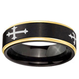 10mm Christian Cross Religious Gold Step Edge Black Tungsten Carbide Wedding Ring
