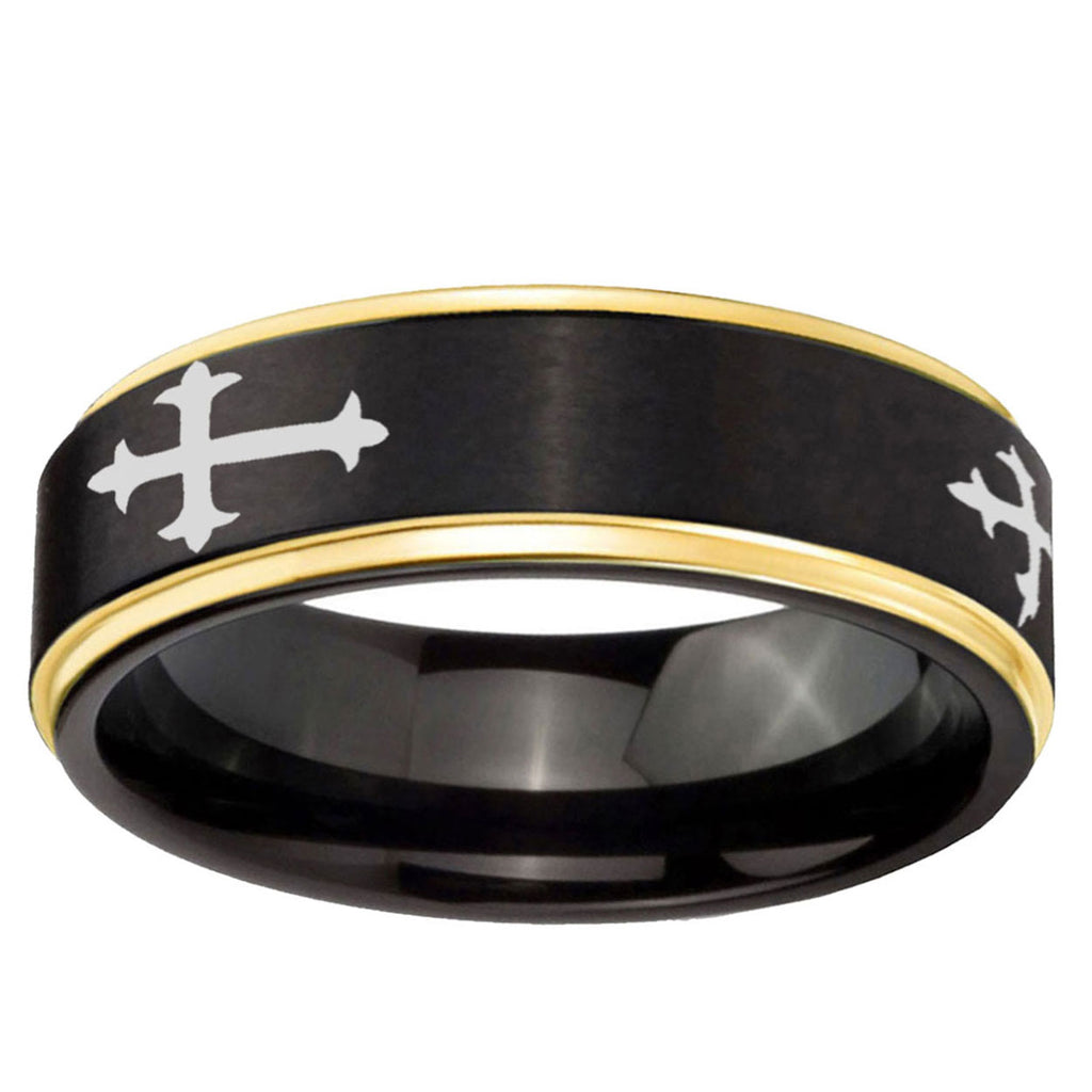 6mm Christian Cross Religious Gold Step Edge Black Tungsten Ring