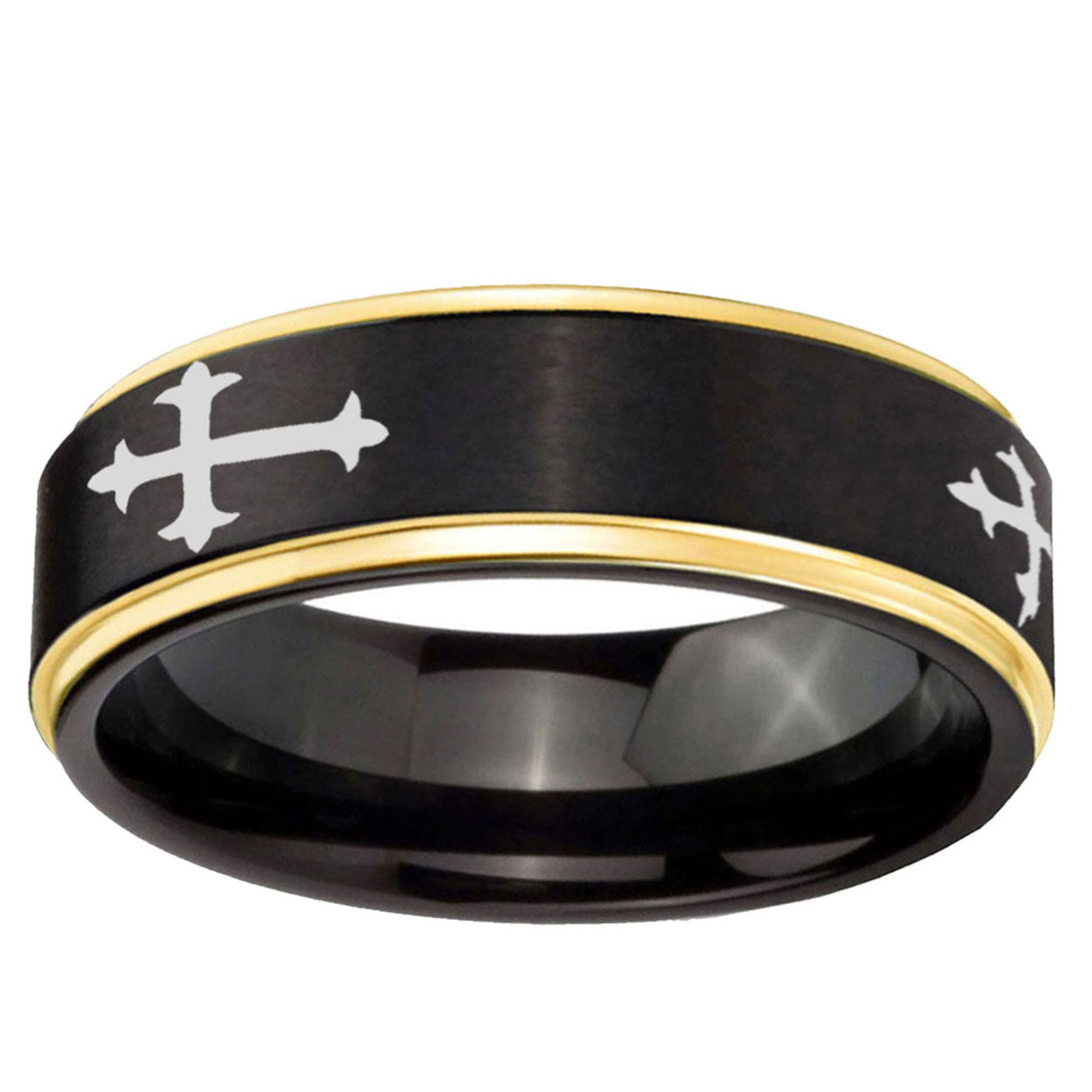 6mm Christian Cross Religious Gold Step Edge Black Tungsten Ring
