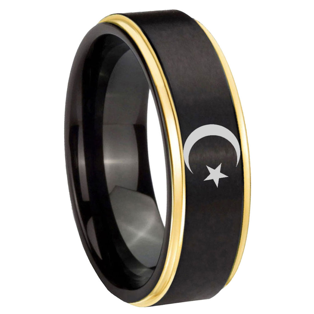 10mm Crescent Moon Stars Gold Step Edges Brushed Tungsten Carbide Mens Promise Ring