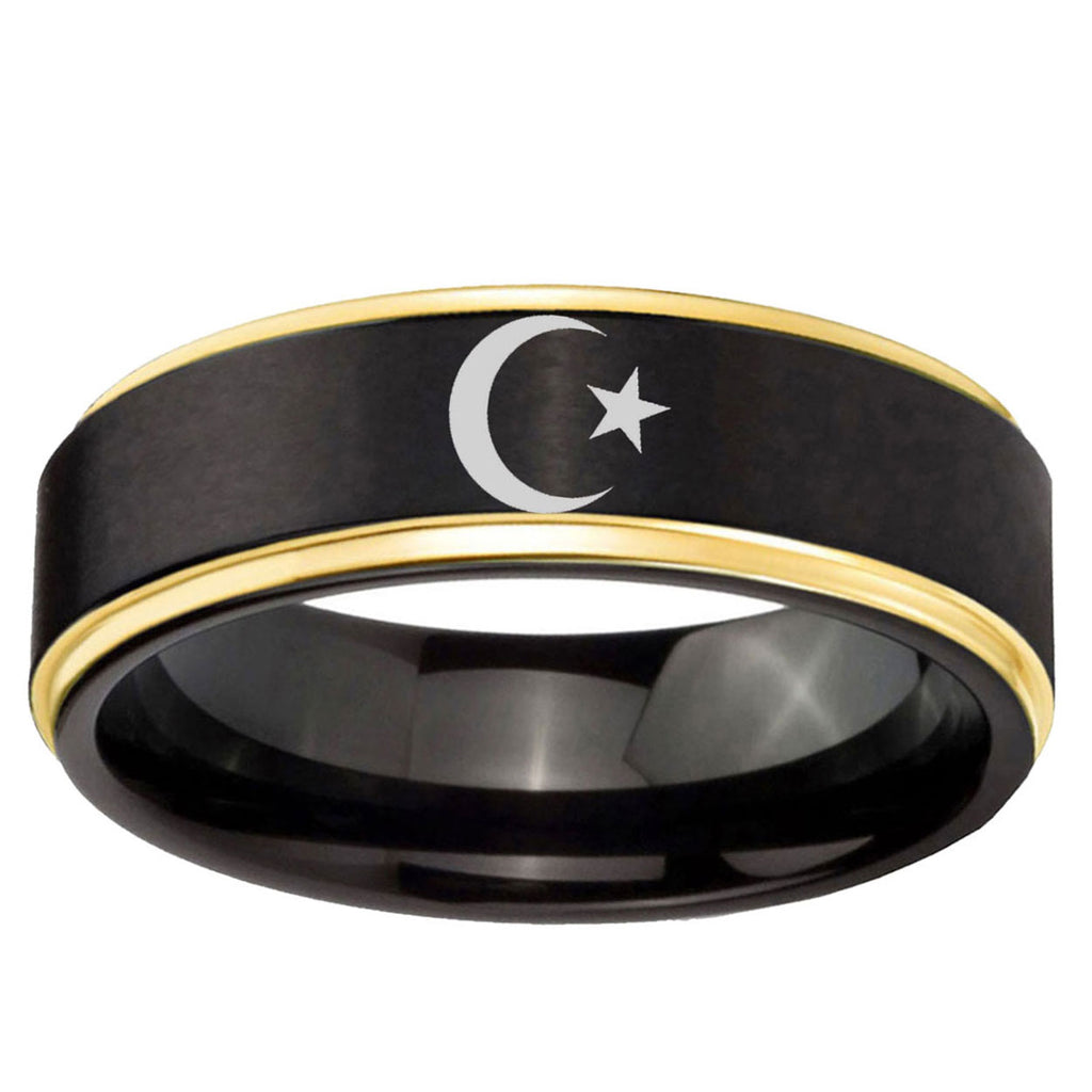 10mm Crescent Moon Stars Gold Step Edge Brushed Tungsten Ring