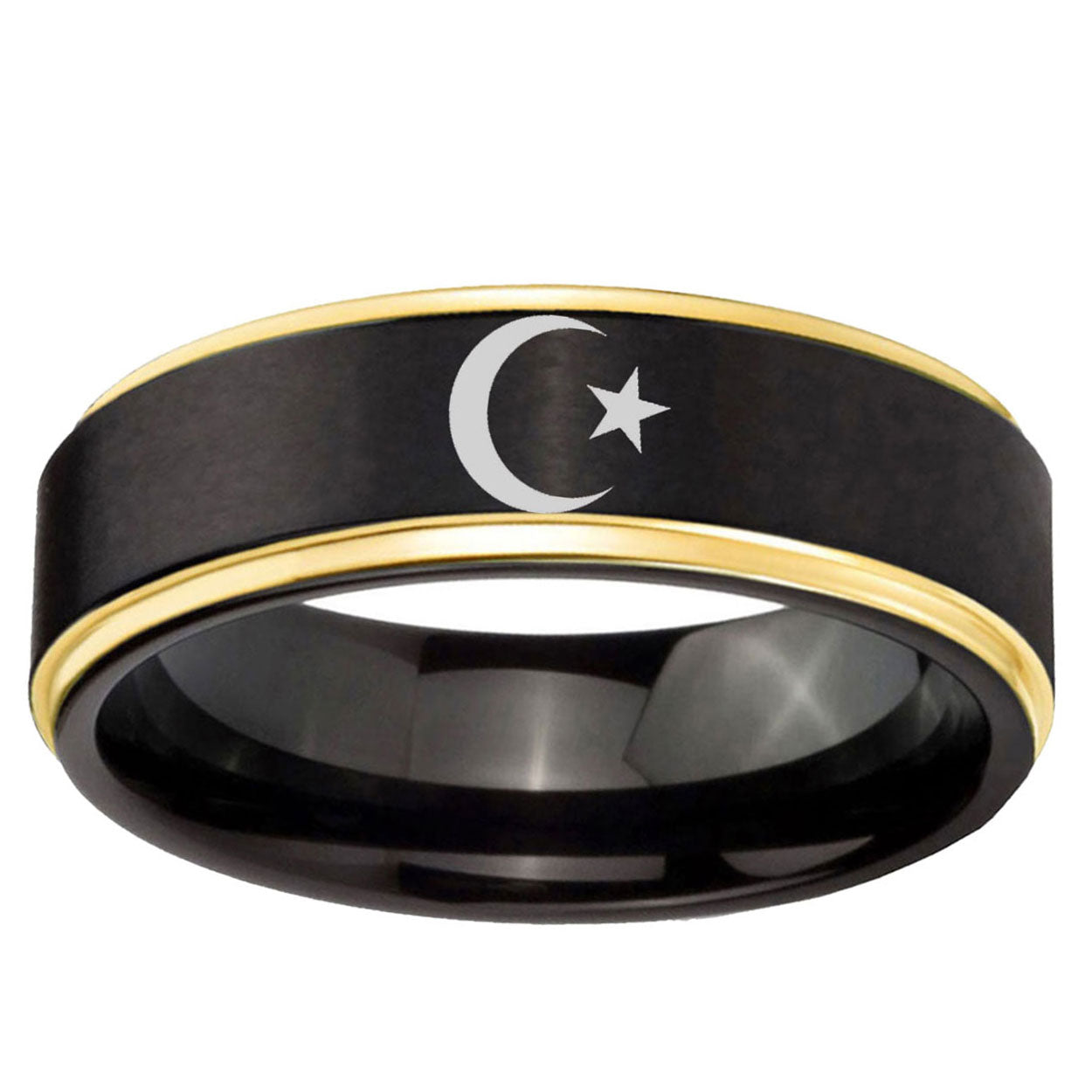 10mm Crescent Moon Stars Gold Step Edge Brushed Tungsten Ring