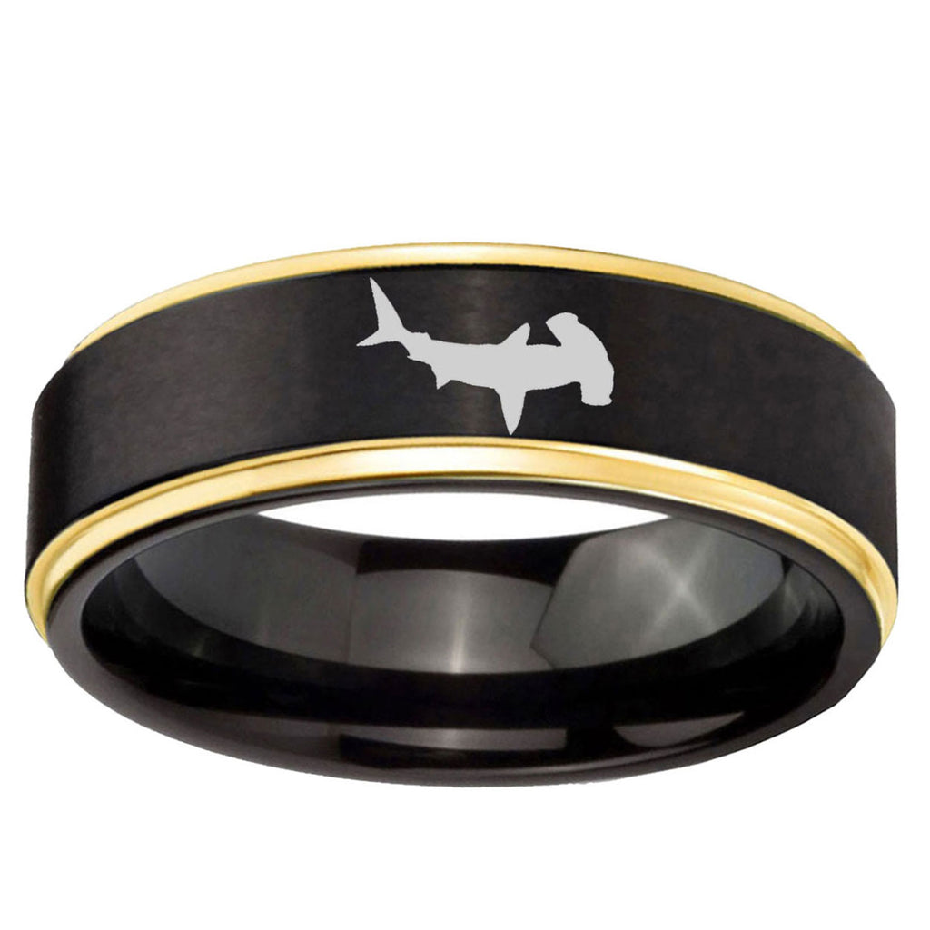 10mm Hammerhead Shark Gold Step Edge Brushed Tungsten Ring