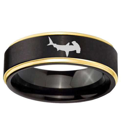 10mm Hammerhead Shark Gold Step Edge Brushed Tungsten Ring
