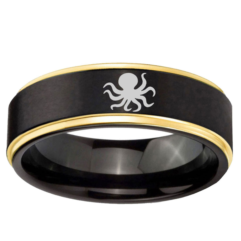 6mm Octopus Gold Step Edge Black Tungsten Engraved Band