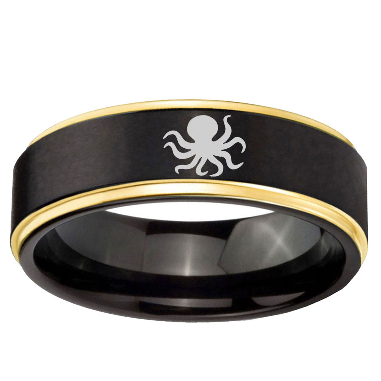 6mm Octopus Gold Step Edge Black Tungsten Engraved Band