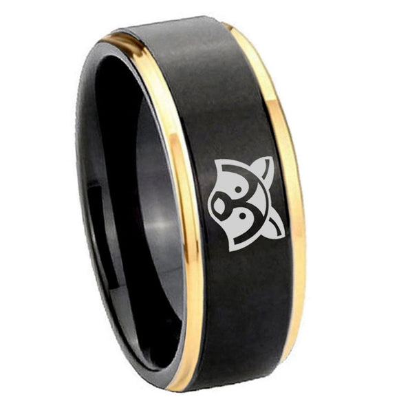 8mm-Raccoon-Animal-Gold-Step-Edges-Tungsten-Carbide-Mens-Wedding-Ring
