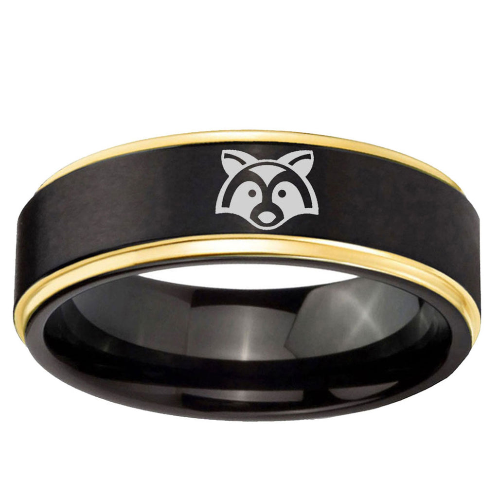 10mm Raccoon Animal Gold Step Edge Brushed Tungsten Ring