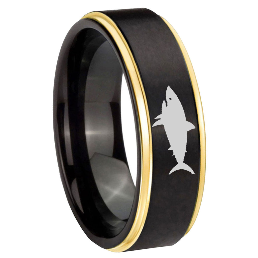 10mm Shark Gold Step Edges Brushed Tungsten Carbide Mens Promise Ring