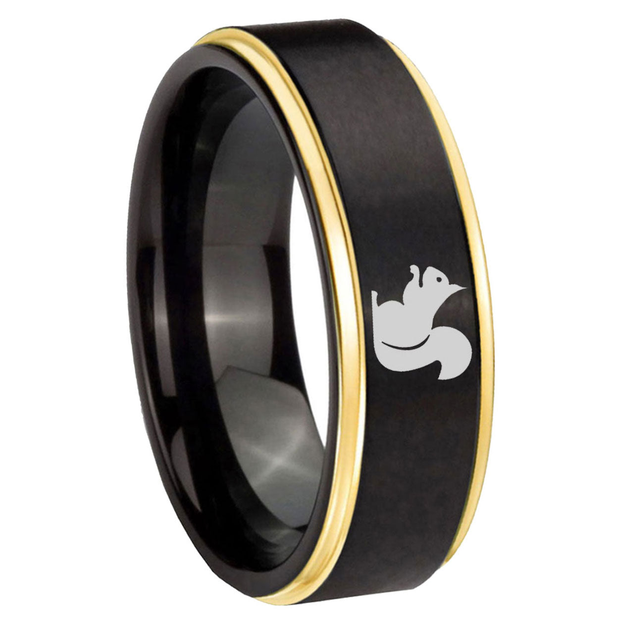 8mm Squirrel Gold Step Edge Black Tungsten Carbide Ring